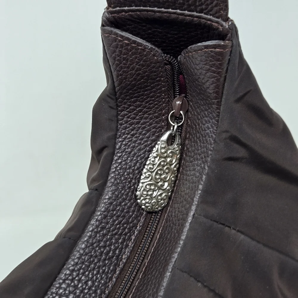 BRIGHTON Brown‎ Patent Leather Croc Embossed Nylon Hobo Purse Shoulder Bag Tote